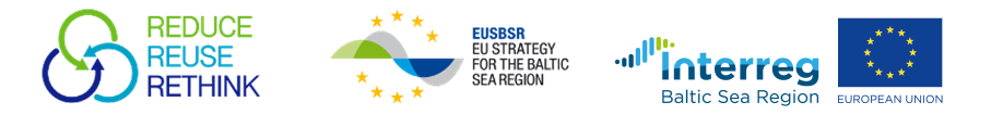 Logotypy: Reduce Reuse Rethink, EU Strate for the Baltic Sea Region, Interreg Baltic Sea Region, European Union)